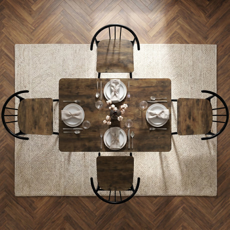 [Rustic] Torvi 4 seater dining set bird's-eye view fully laid with plates, cutlery, glasses and napkins on a textured rug over dark wooden floor