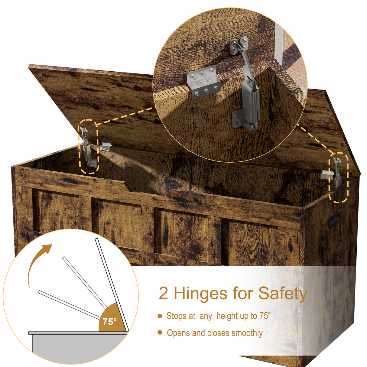 Wooden storage box with open lid, showing hinges and safety features on a white background.