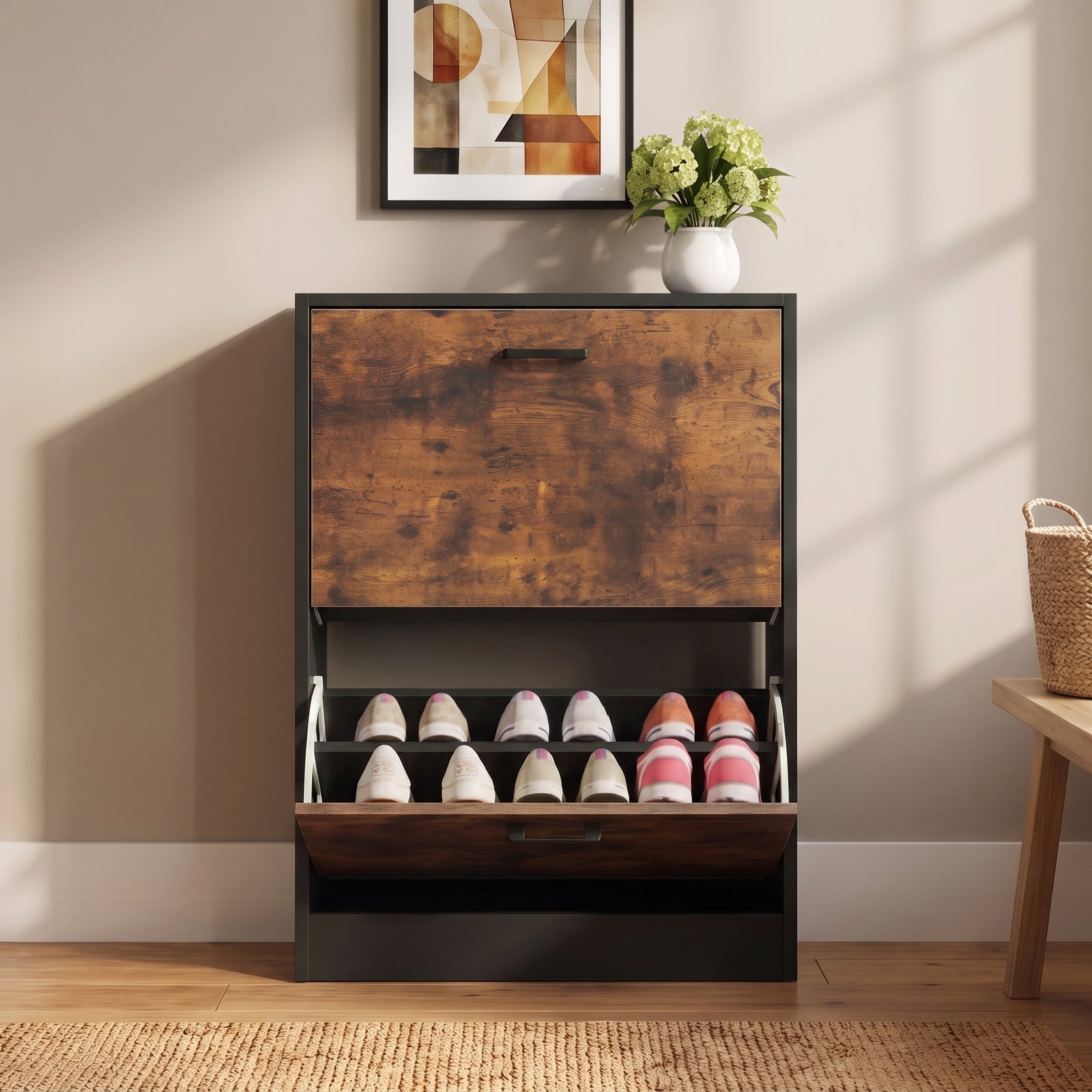 [Black & Rustic] 2 Drawer Slim Shoe Storage Cabinet for Hallway straight-on view with the bottom compartment tilted open.
