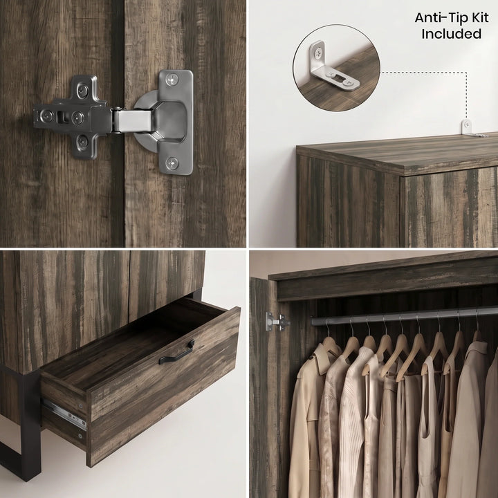 [Rustic Dark Wood]  Collage of a wooden wardrobe with hinges, anti-tip kit, open drawer, and a hanging rail.