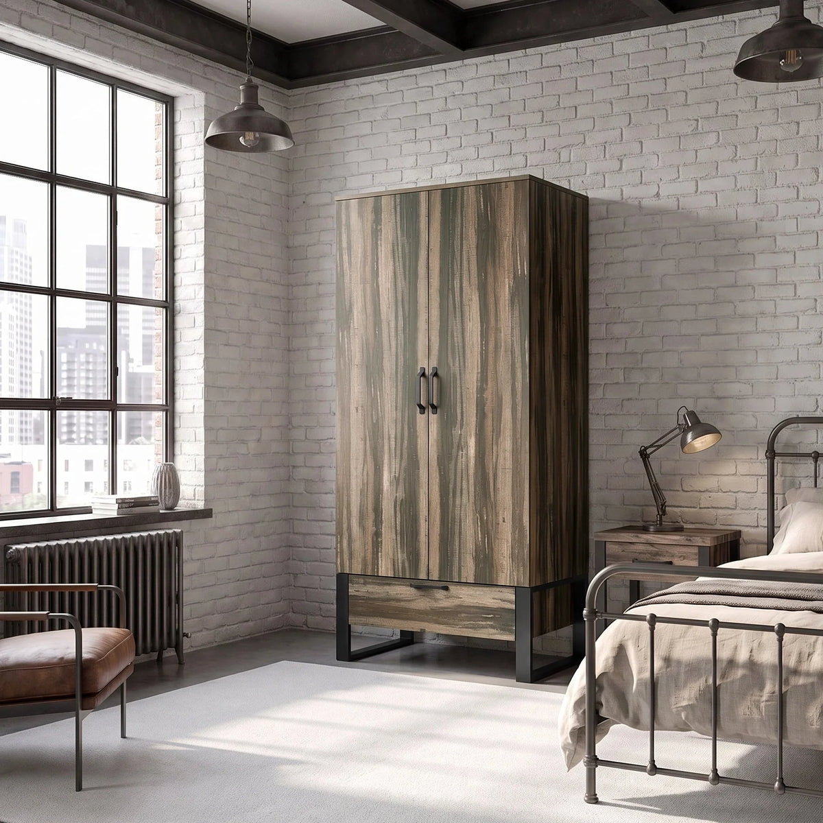 [Rustic Dark Wood]  wardrobe with two doors and black handles stands in a modern loft-style bedroom with white brick walls, a large window, a metal bed, and a brown leather chair.