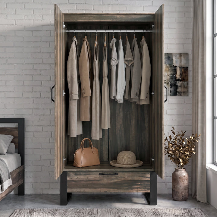 [Rustic] Rustvale wardrobe with doors open, showing hanging rail, dresses, shirts, coats, handbag, and straw hat.