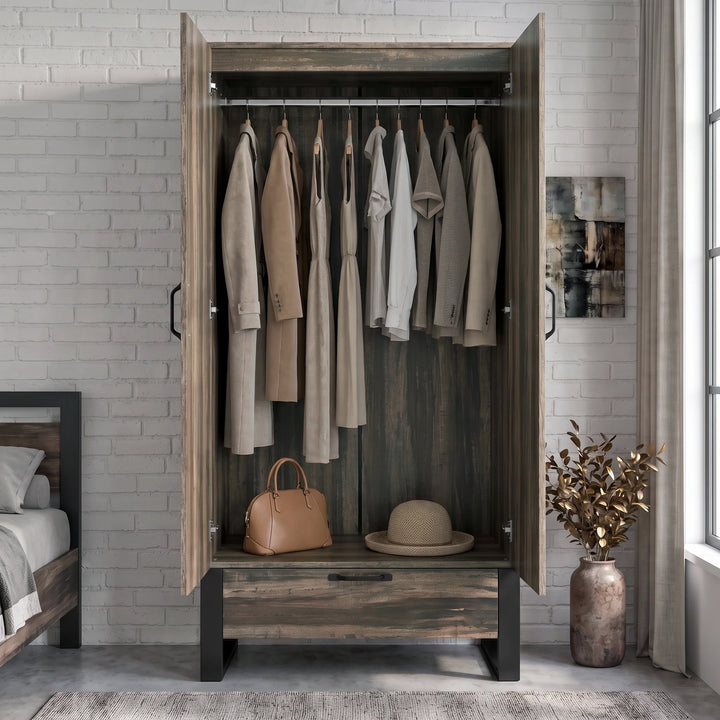[Rustic Dark Wood] Rustvale wardrobe with doors open, showing hanging rail, dresses, shirts, coats, handbag, and straw hat.