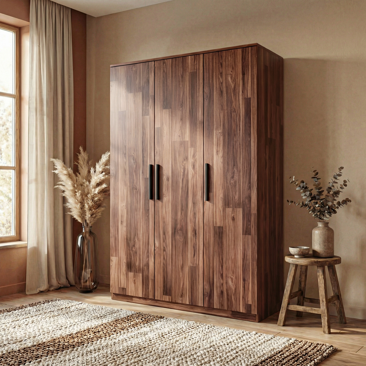 [Dark Bronx] wood three door wardrobe placed in bedroom corner beside decor and natural light