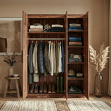 [Dark Bronx] wood three door wardrobe interior with hanging rail section and multiple storage shelves