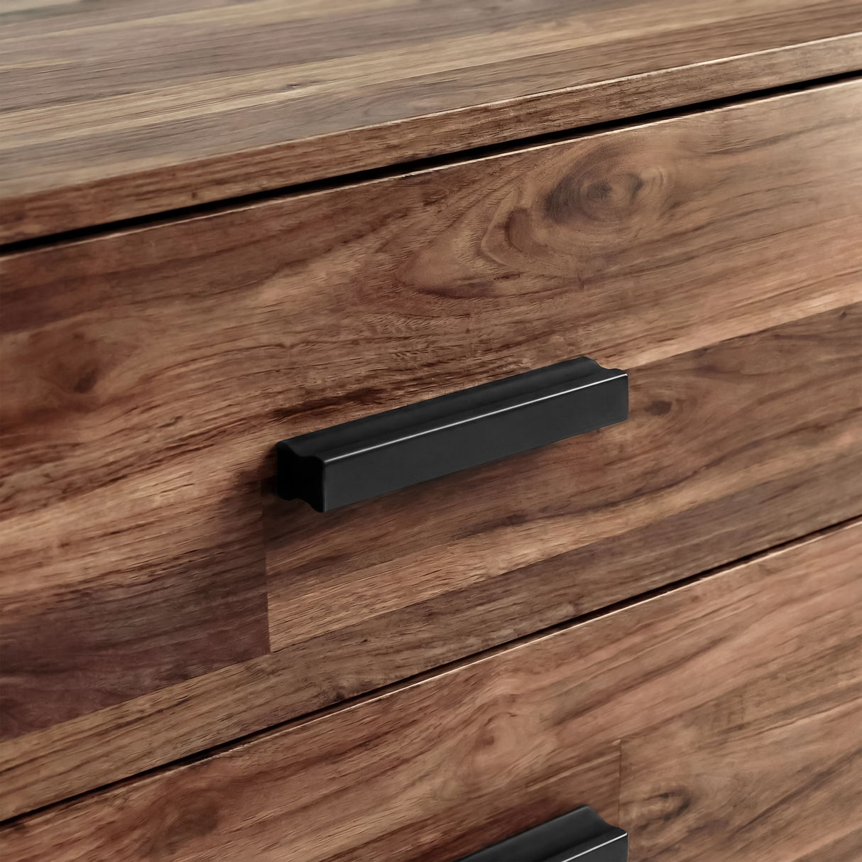 [Dark Bronx] Close up of rustic wood drawer front with matte black wooden handle and textured grain finish