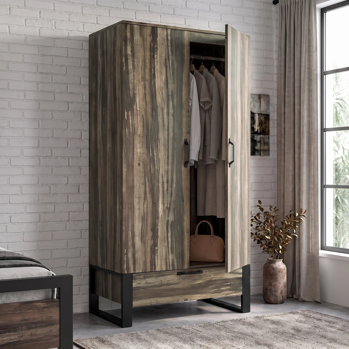 [Rustic Dark Wood] wardrobe with black metal legs, shown open in a styled bedroom setting with clothes hanging inside.