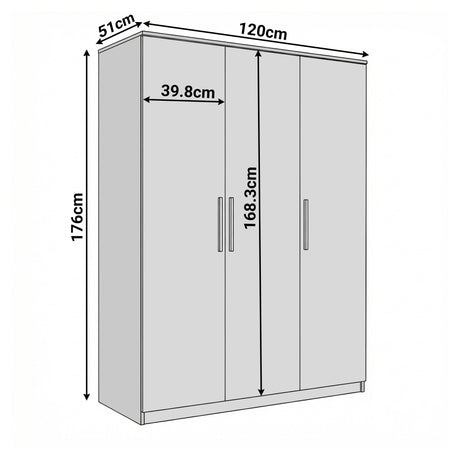 [Dark Bronx] Dimension diagram of a rustic wood three-door wardrobe with height 176 cm,  width 120 cm, and depth 51 cm