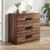 [Dark Bronx] 3 drawer chest placed in room setting with warm tones and visible natural grain texture
