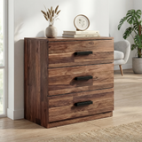 [Dark Bronx] 3 drawer chest placed in room setting with warm tones and visible natural grain texture
