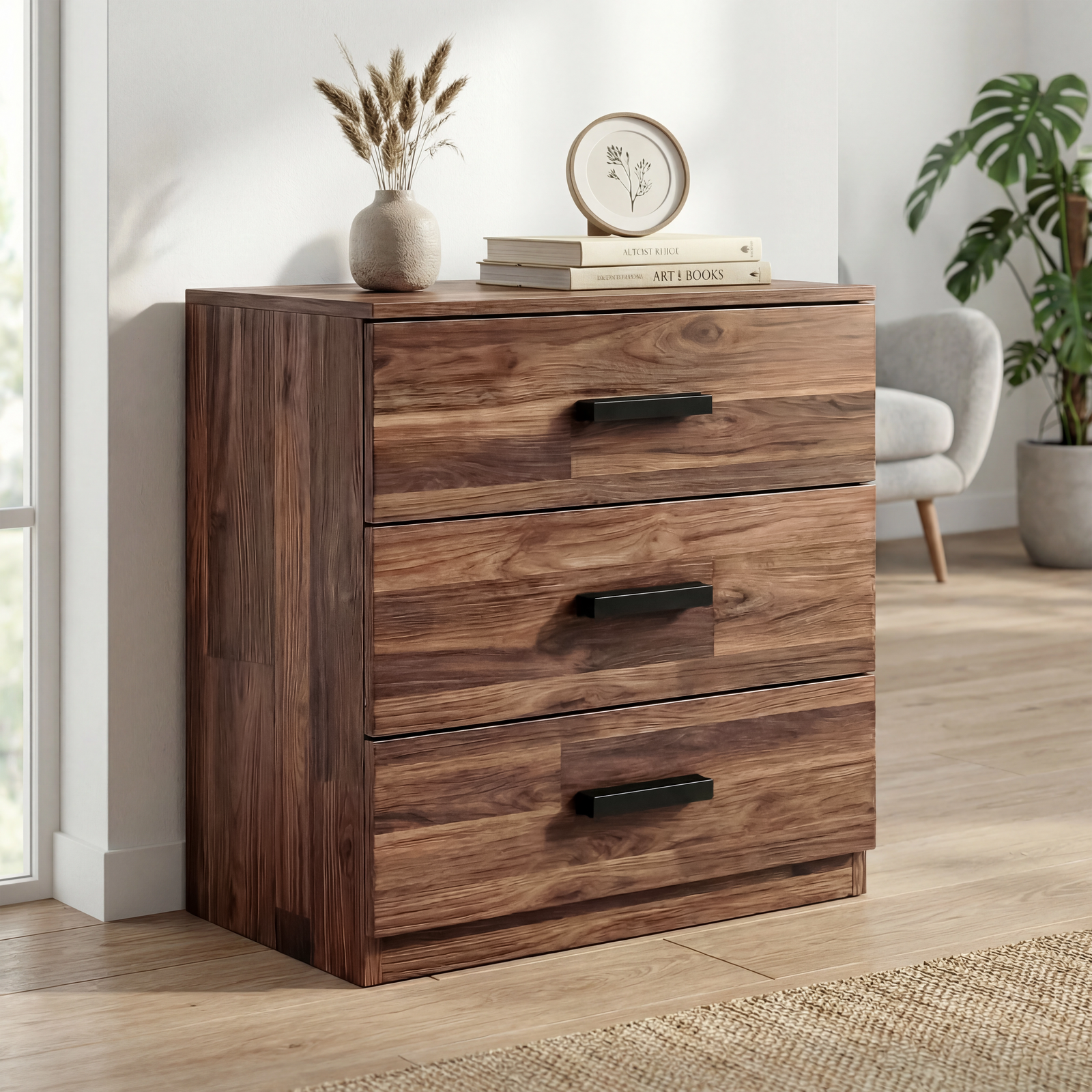[Dark Bronx] 3 drawer chest placed in room setting with warm tones and visible natural grain texture