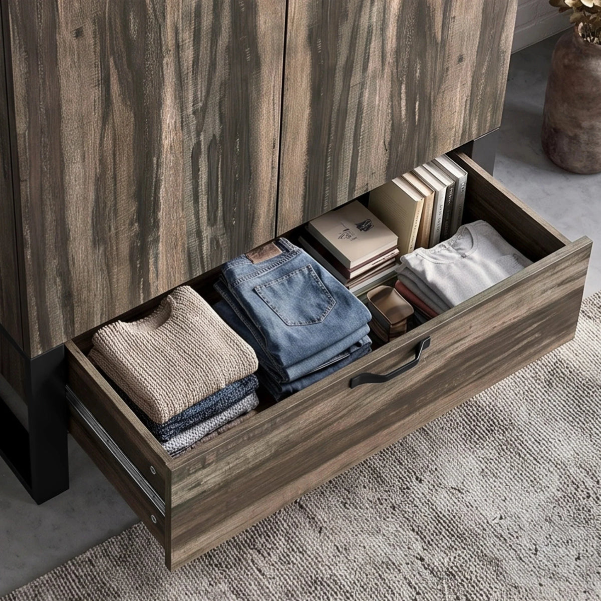 [Rustic Dark Wood]  Rustvale drawer detail showing folded jeans, jumper, books, journal, metal runners, and lower handle.