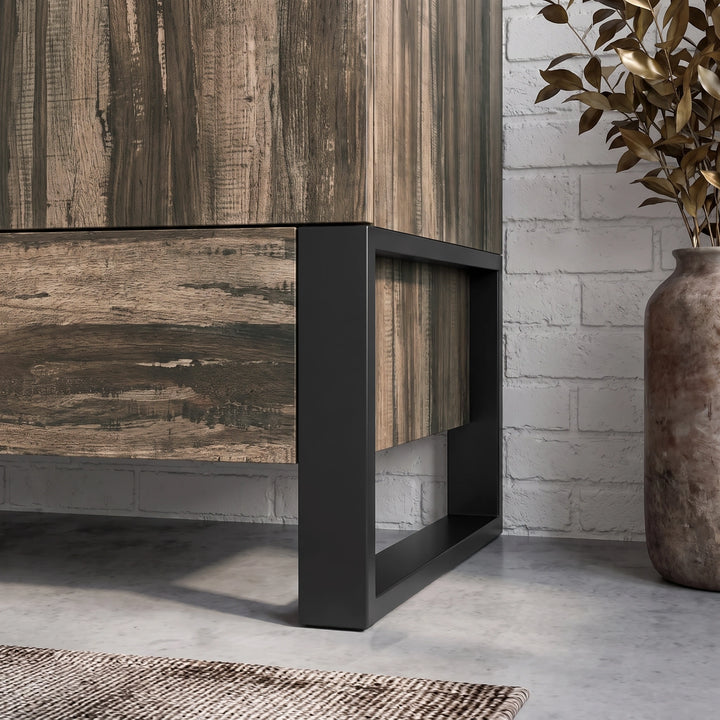 [Rustic] 2-door wardrobe with rustic wood finish and black leg base on a neutral background