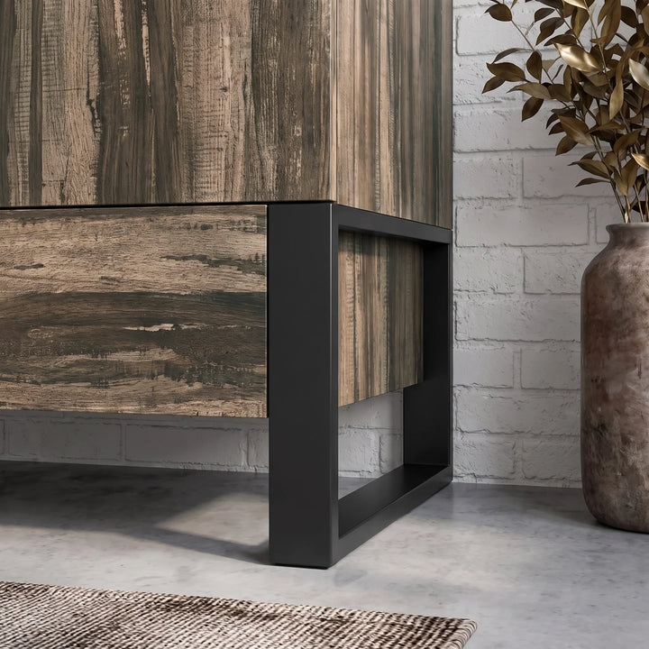 [Rustic Dark Wood]  2-door wardrobe with rustic wood finish and black leg base on a neutral background