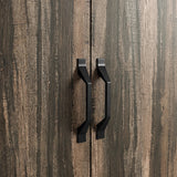 [Rustic Dark Wood] Two black metal wardrobe handles mounted on rustic wood wood grain doors.