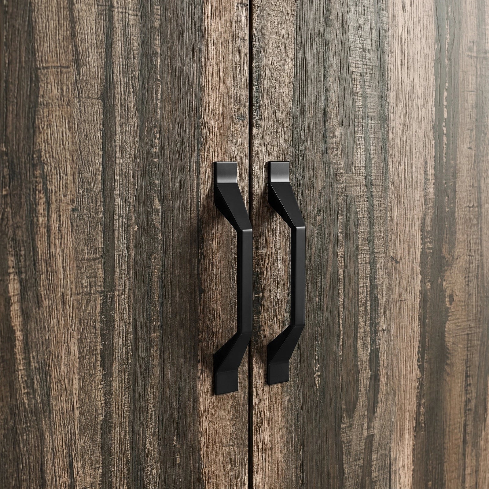 [Rustic Dark Wood] Two black metal wardrobe handles mounted on rustic wood wood grain doors.