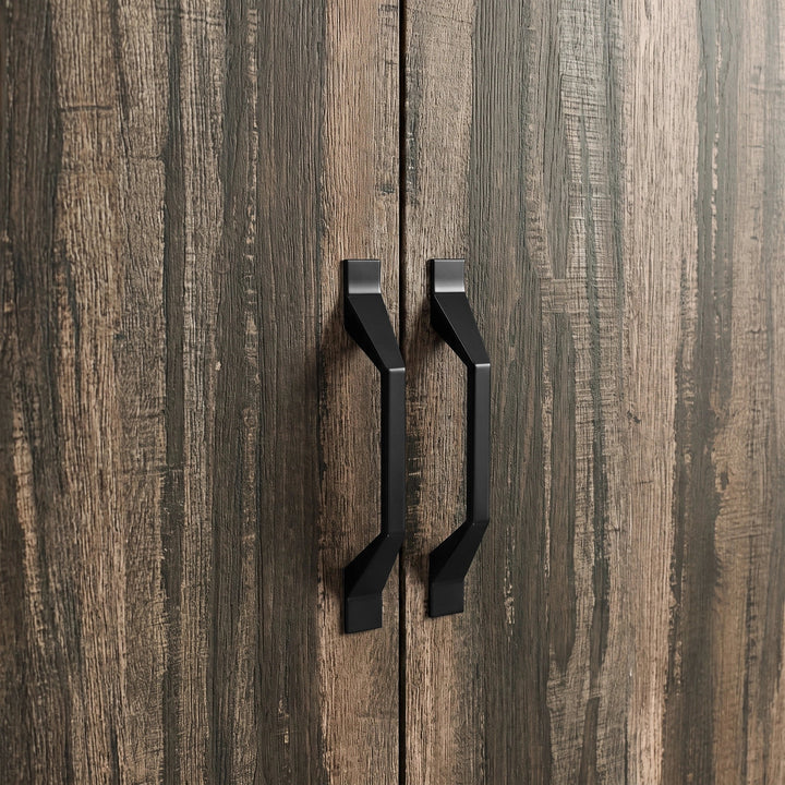 [Rustic Dark Wood] Two black metal wardrobe handles mounted on rustic wood wood grain doors.