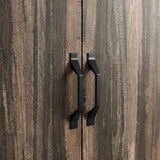[Rustic] Two black metal wardrobe handles mounted on rustic wood wood grain doors.
