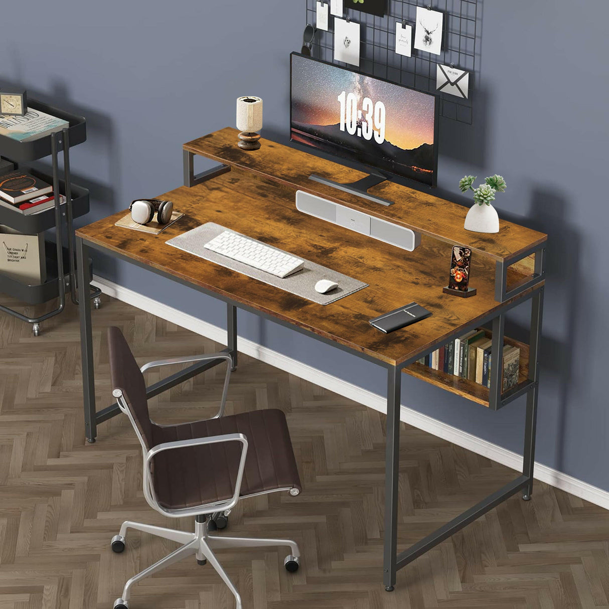 Rustic wood table computer desk with a metal frame, featuring a monitor.