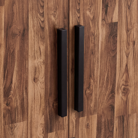 [Dark Bronx] Close view of black vertical wooden handles mounted on rustic wood three door plain wardrobe