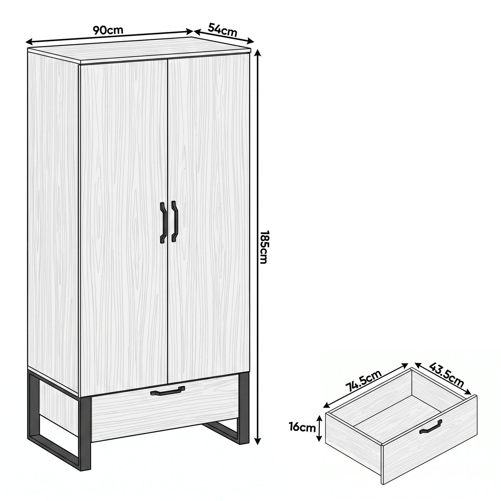 [Wooden Grey] Rustvale 2 door wardrobe dimensions: 90W x54D x185H cm; drawer 74.5W x43.5D x16H cm
