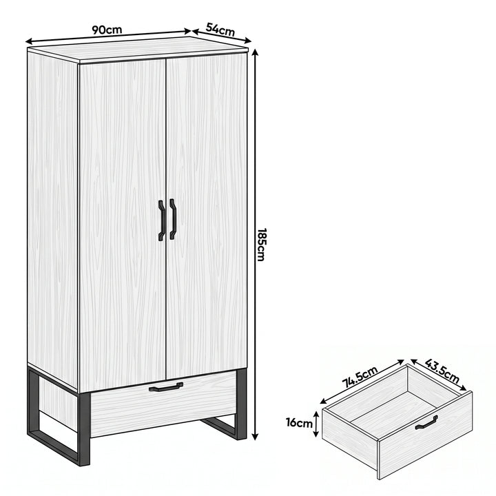 [Wooden Grey] Rustvale 2 door wardrobe dimensions: 90W x54D x185H cm; drawer 74.5W x43.5D x16H cm