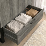 [Wooden Grey] Rustvale 2 door wardrobe bottom drawer pulled open with folded clothing and bedding storage