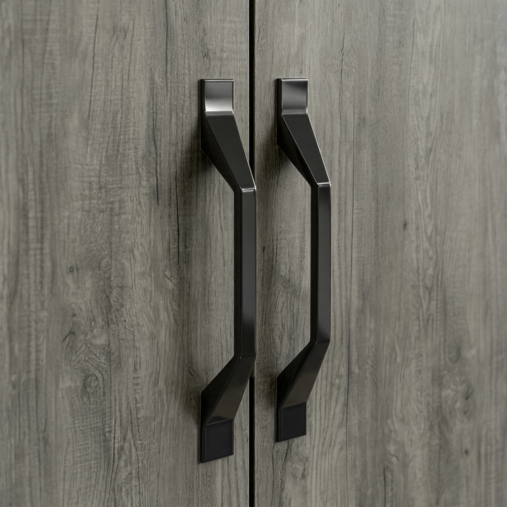 [Wooden Grey] Rustvale wardrobe close-up showing black angular handles on wooden grey doors