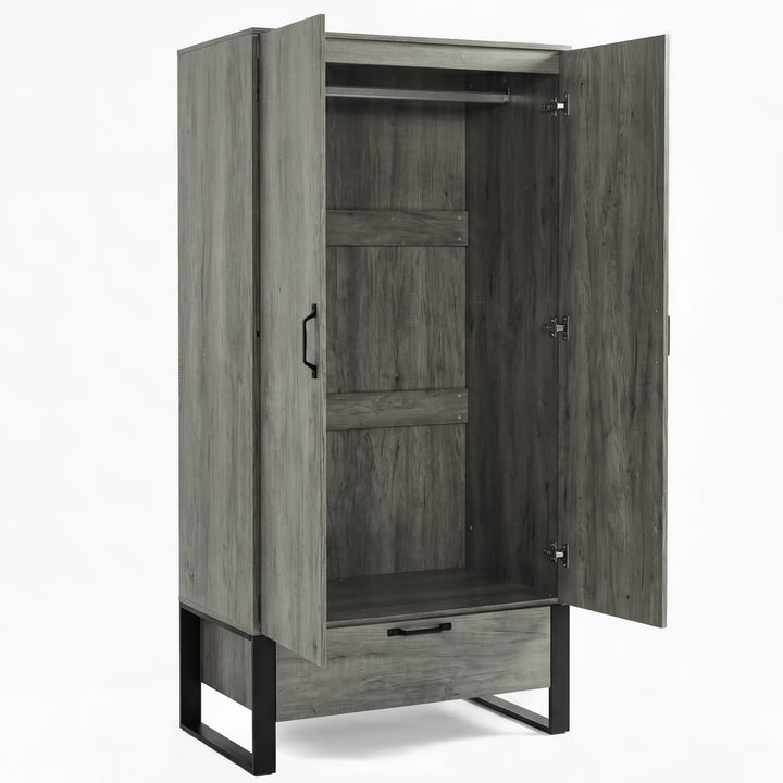 [Wooden Grey] Rustvale 2 door wardrobe open to show empty interior, shelf space and bottom drawer
