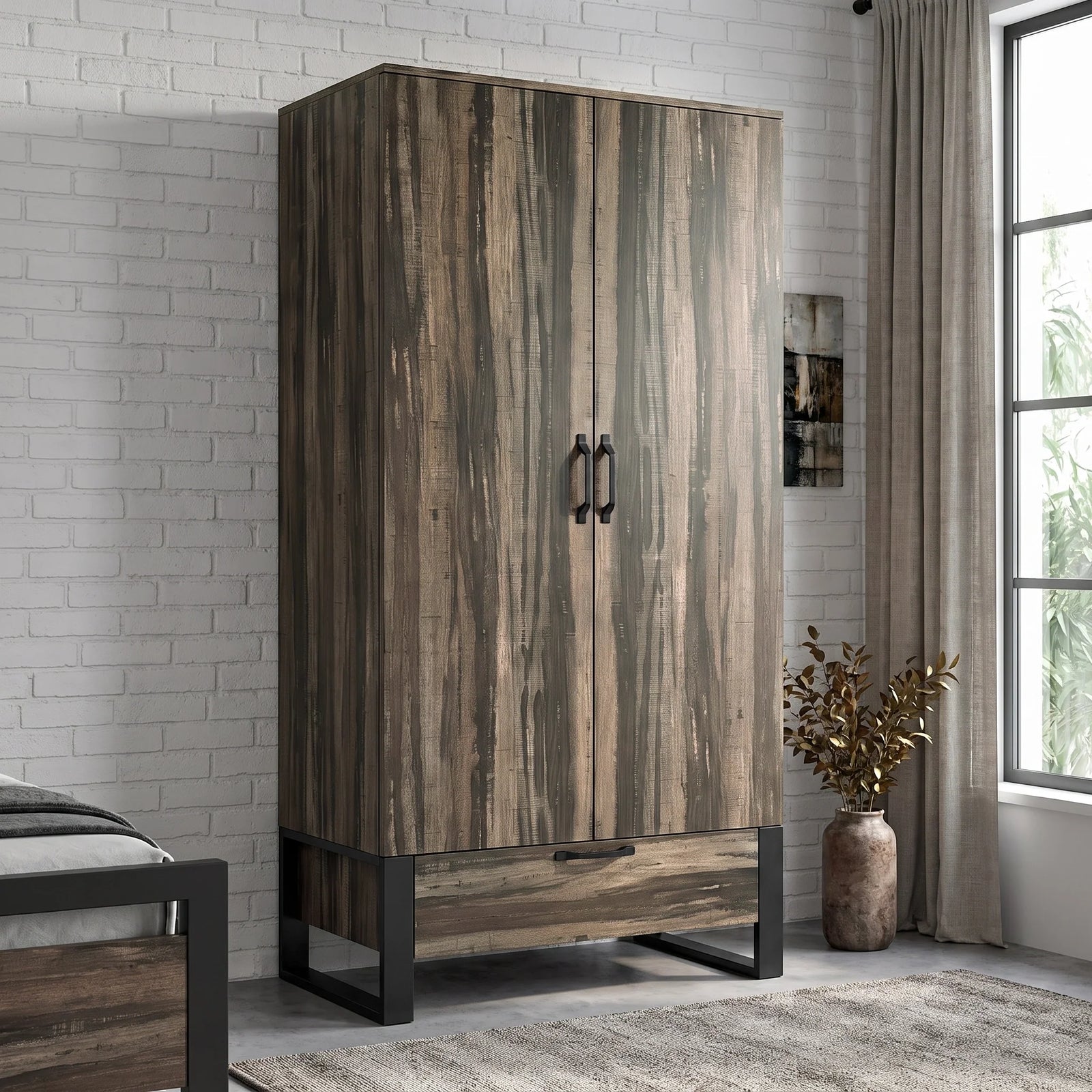 [Rustic Dark Wood] Rustvale wardrobe in bedroom with closed doors, lower drawer, black metal legs, pendant light, bed, and plant.