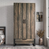 [Rustic] Rustvale wardrobe front view with closed double doors, lower drawer, black legs, pendant light, and side table.
