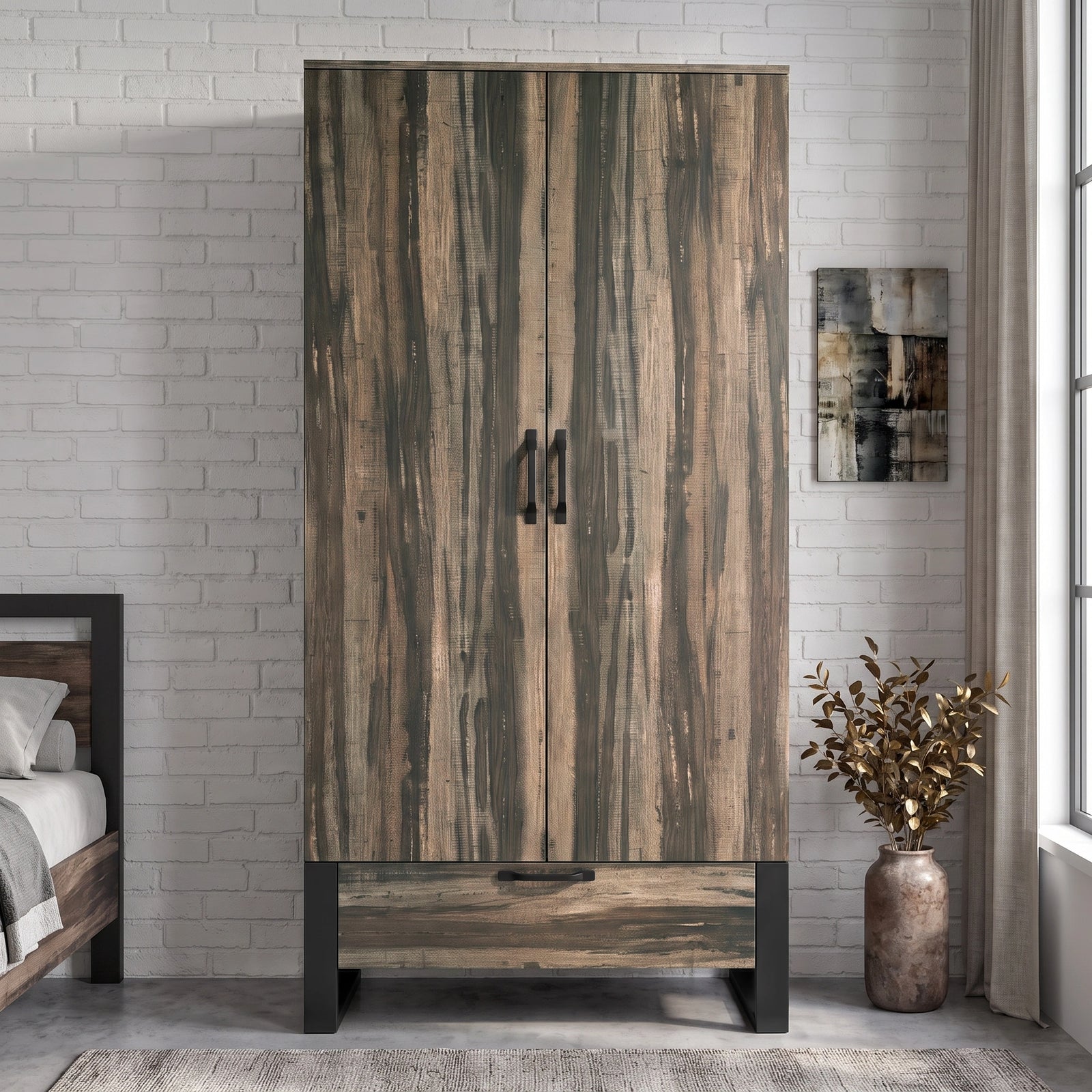 [Rustic] Rustvale wardrobe front view with closed double doors, lower drawer, black legs, pendant light, and side table.