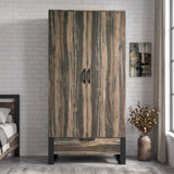 [Rustic Dark Wood] Rustvale wardrobe front view with closed double doors, lower drawer, black legs, pendant light, and side table.