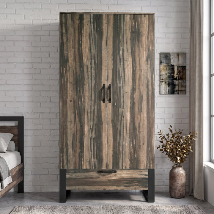 [Rustic Dark Wood] Rustvale wardrobe front view with closed double doors, lower drawer, black legs, pendant light, and side table.