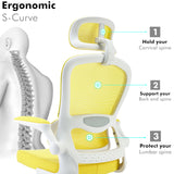 S-curve yellow office chair with ergonomic design, lumbar support, and adjustable features.