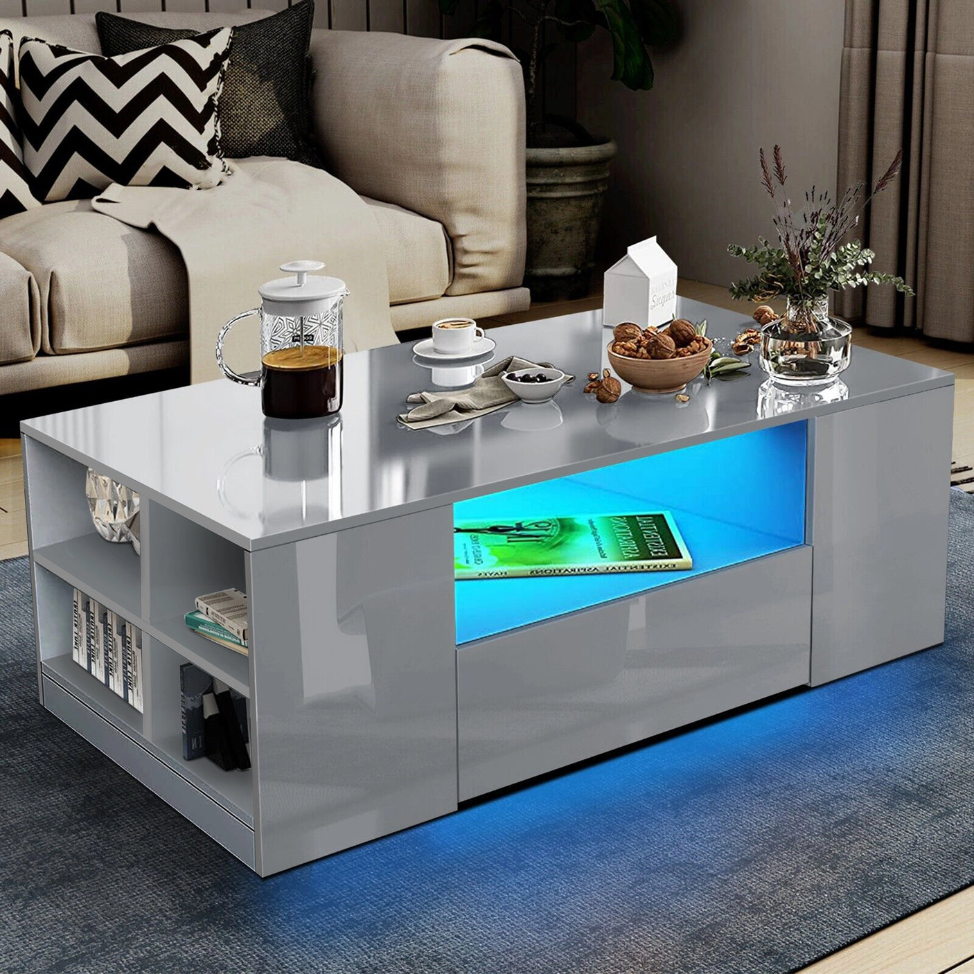 High Gloss Coffee Table with Storage Drawers & LED Lights