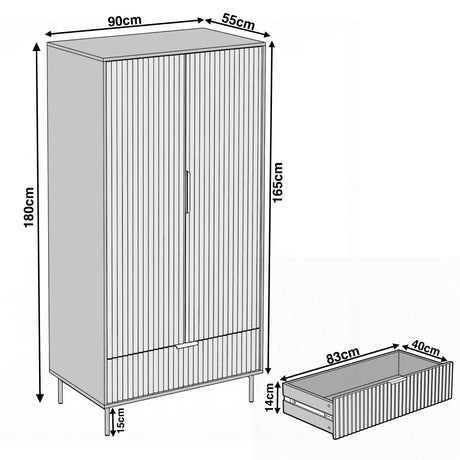 [Sage Green] 2 door wardrobe measurement diagram showing height 180 cm, width 90 cm, and depth 55 cm layout