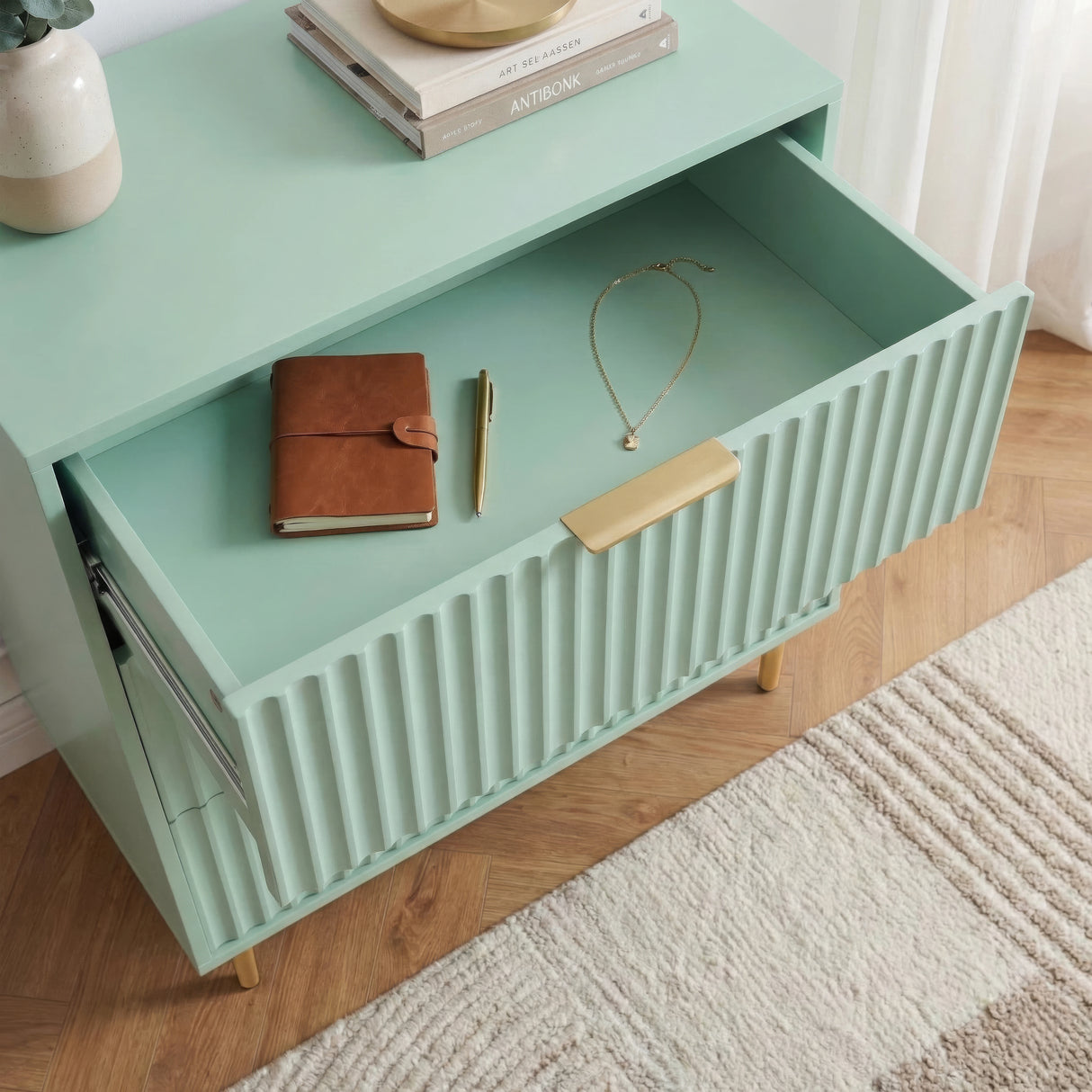 [Sage Green] Interior drawer view of green painted chest displaying smooth storage compartment with golden metallic handles