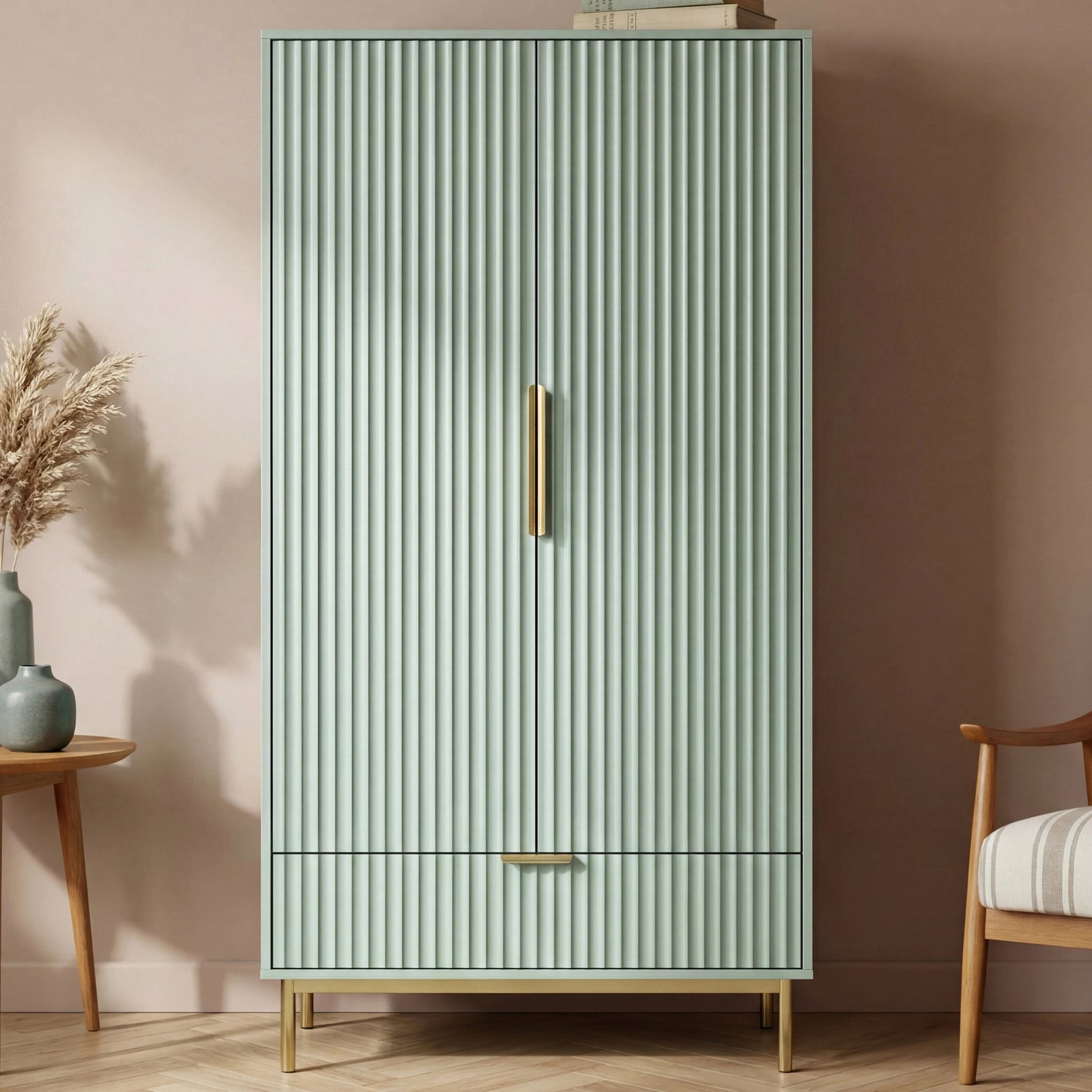 [Sage Green] painted 2 door wardrobe with integrated drawer in contemporary natural light room setting