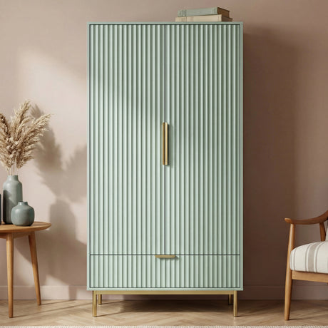 [Sage Green] painted 2 door wardrobe with integrated drawer in contemporary natural light room setting