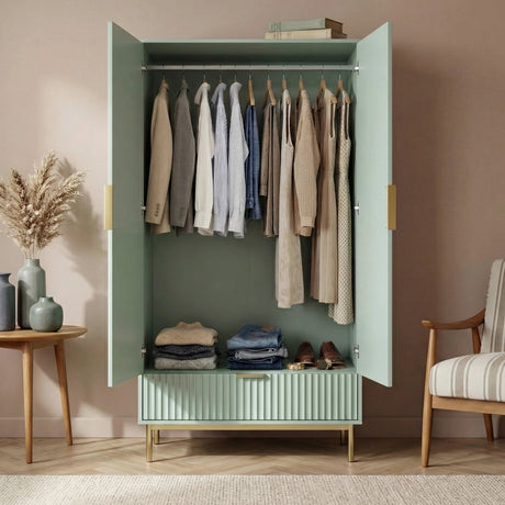 [Sage Green] wardrobe open view with hanging rail, golden finish legs and bottom drawer storage section