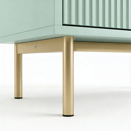 [Sage Green] two door wardrobe golden finish metal leg base detail providing elevated support placed on a wooden flooring