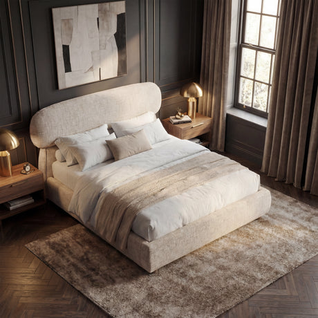 [Double | Beige] Overhead angled view of upholstered bed showing pill-shaped headboard and woven fabric texture