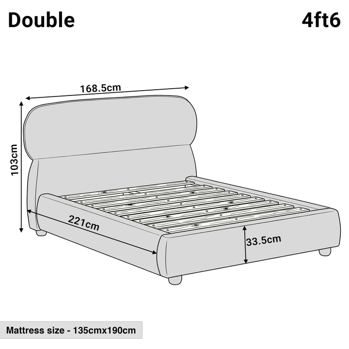 [Double | Camel] Dimensions diagram showing 168.5cm width and 221cm length with 103cm headboard height