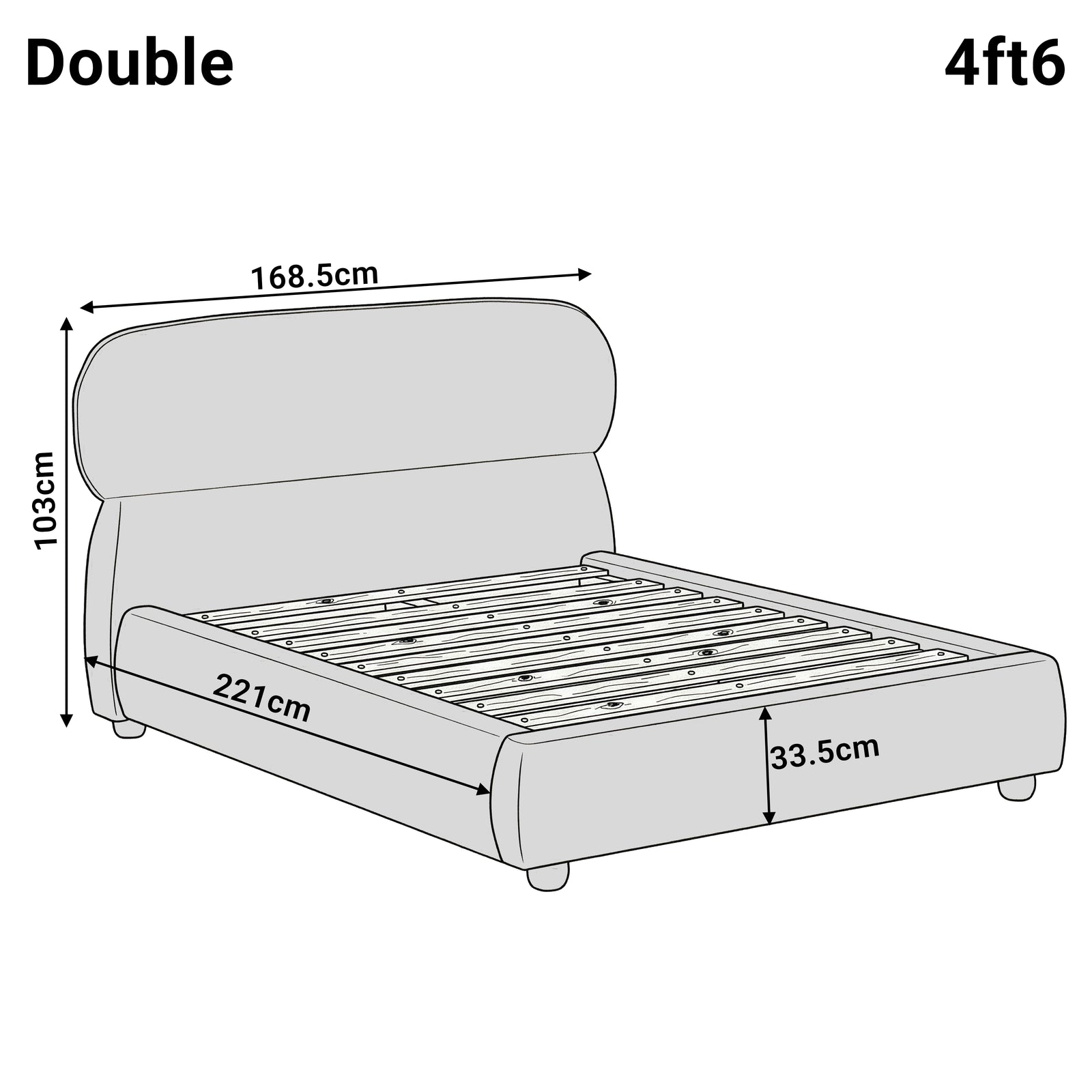 [Double | Camel] Dimensions diagram showing 168.5cm width and 221cm length with 103cm headboard height