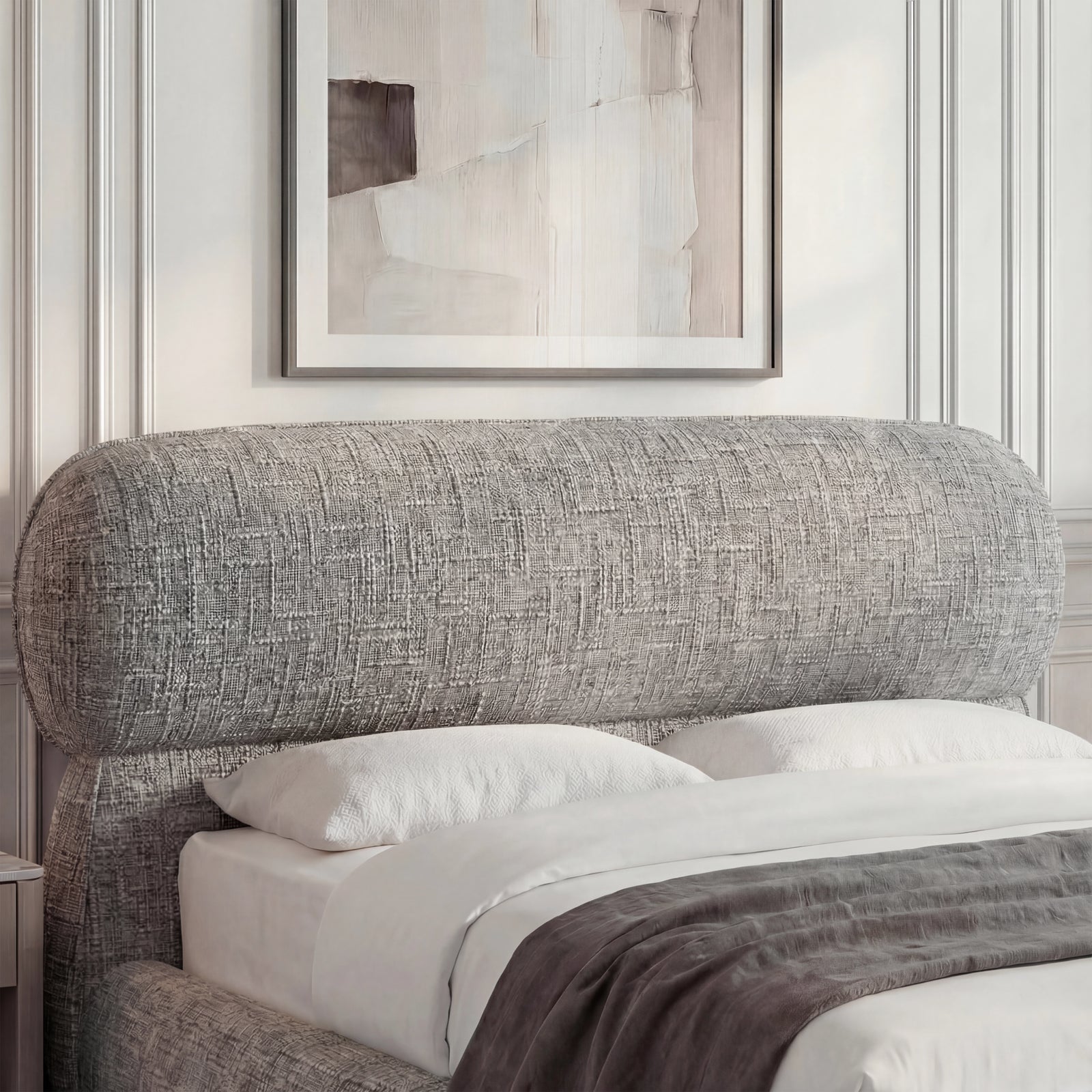 [Double | Grey] Close-up of pill-shaped headboard showing woven linen-like fabric texture with rounded edges
