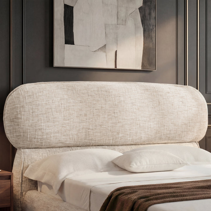 [King | Beige] Close-up of pill-shaped headboard showing woven linen-like fabric texture with rounded edges