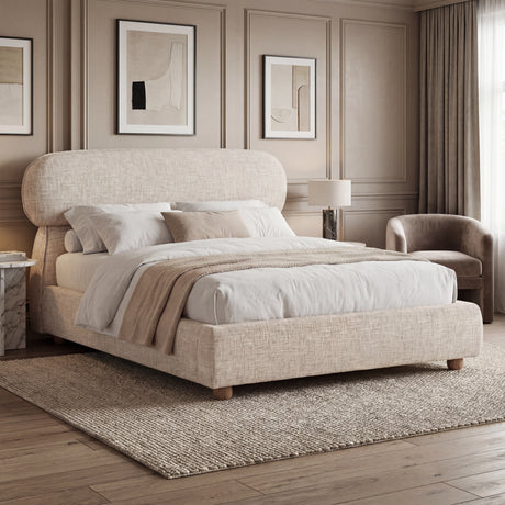 [King | Beige] Woven fabric bed from the side with rounded capsule headboard and layered neutral bedding