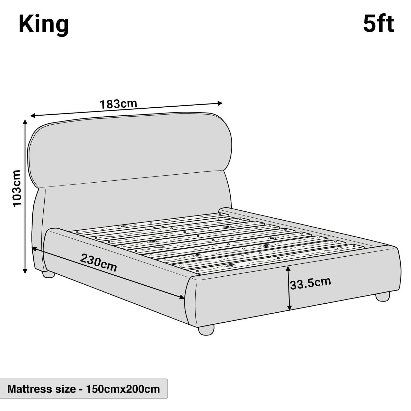 [King | Camel] Dimensions diagram showing 183cm width and 230cm length with 103cm headboard height