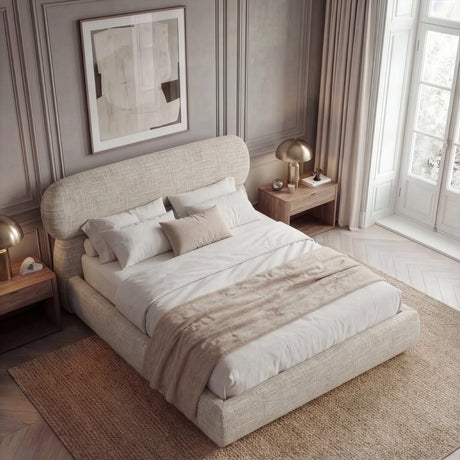 [King | Camel] Overhead angled view of upholstered bed showing pill-shaped headboard and woven fabric texture